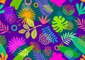 Seamless background with tropical leaves and plants. Floral multicolored pattern for wallpaper, cover, poster, flyer, greeting or